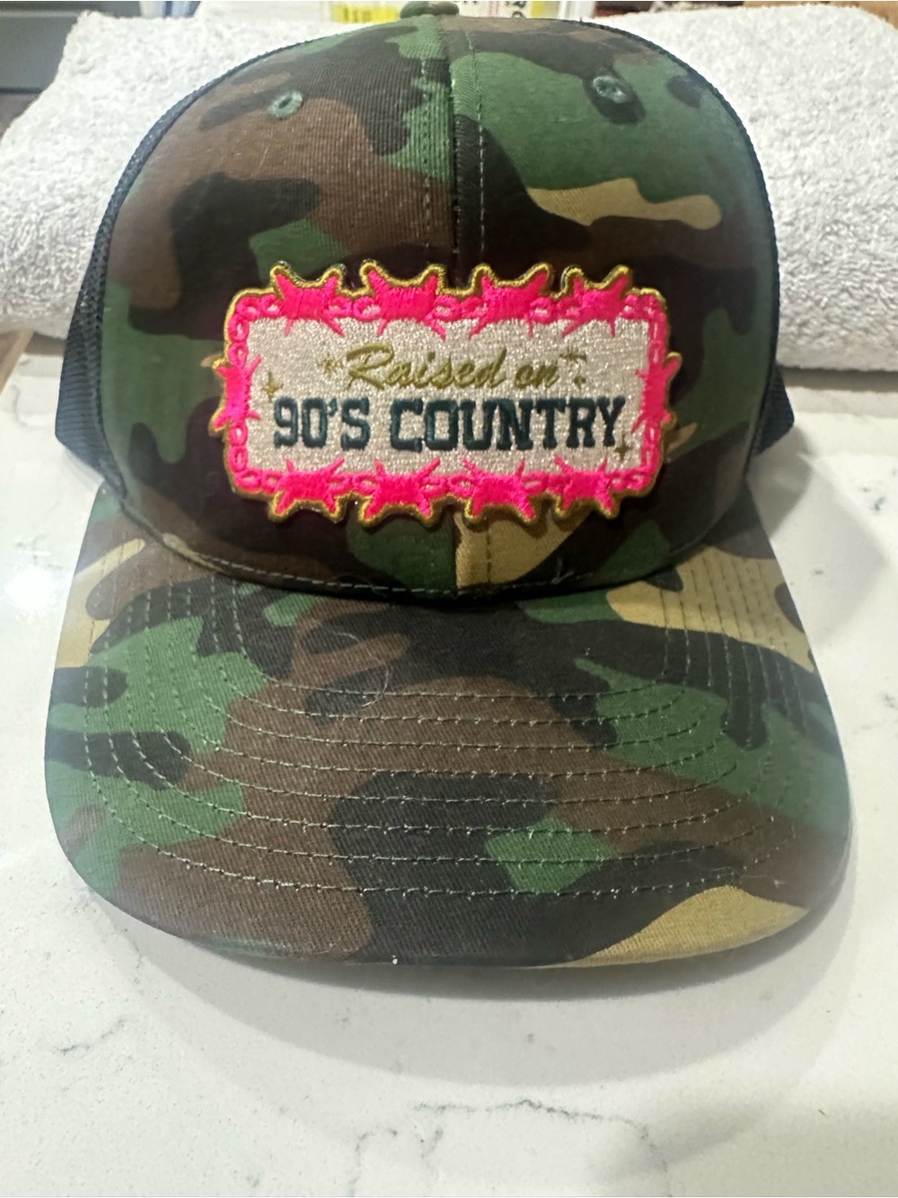 Raised on 90's Country Kids Camo Trucker Hat - Green/Brown/Pink